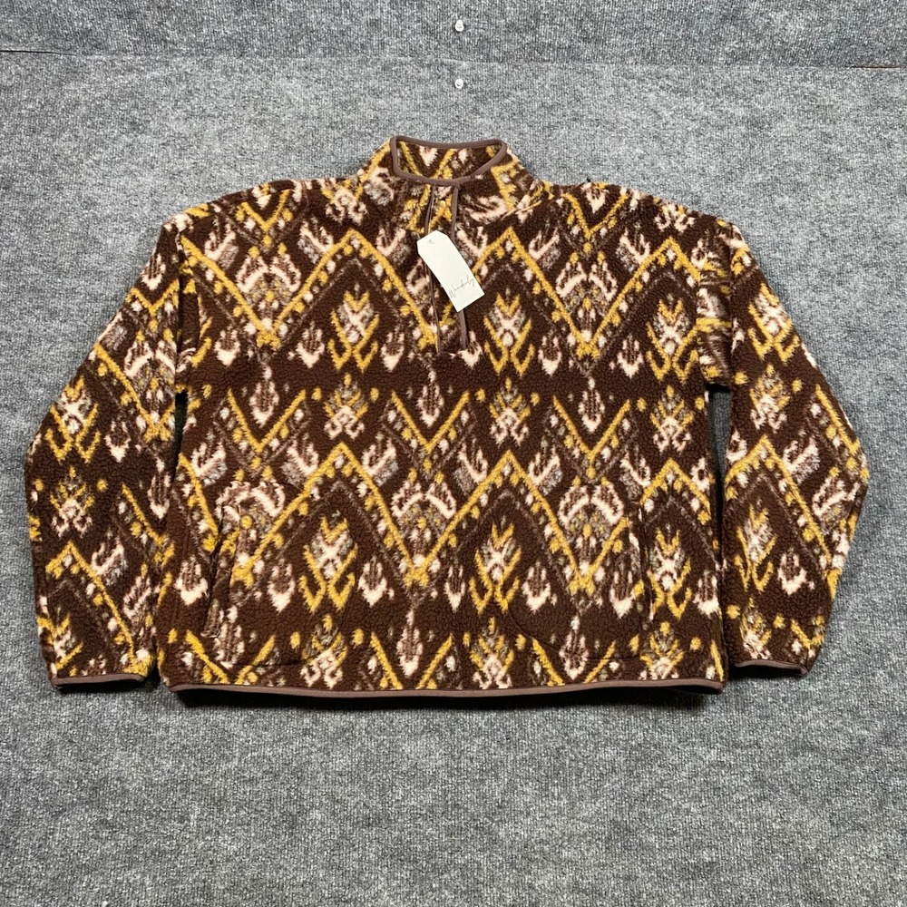 Wonderly Studio Womens XL Brown Geometric Ikat Fleece Quarter Zip Pullover NWT‎